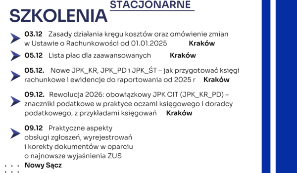 Zapraszamy na najbliższe szkolenia jednodniowe w formie stacjonarnej