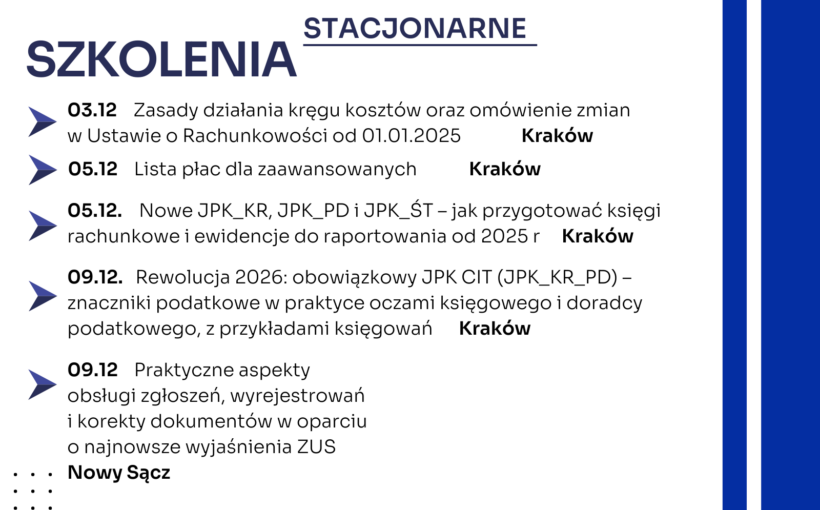 Zapraszamy na najbliższe szkolenia jednodniowe w formie stacjonarnej