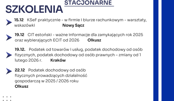Zapraszamy na najbliższe szkolenia jednodniowe w formie stacjonarnej