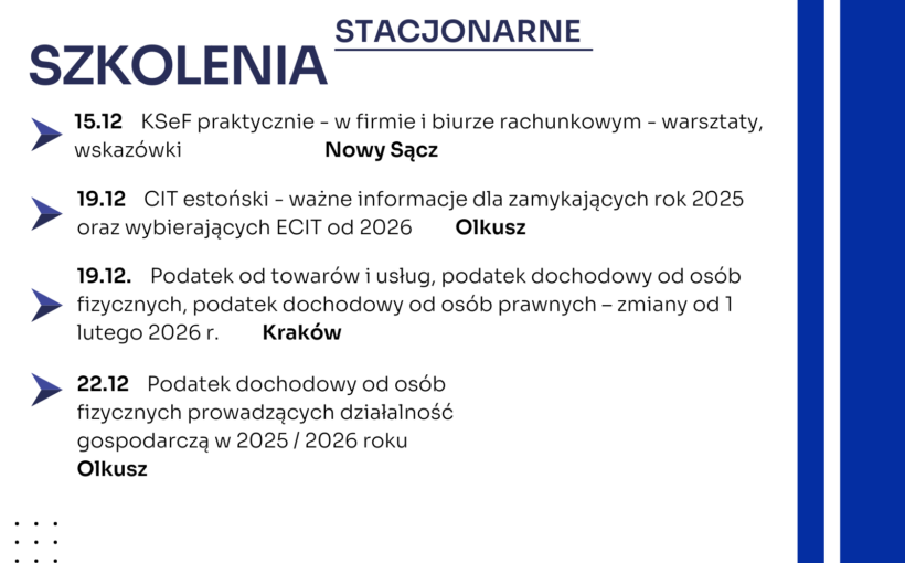 Zapraszamy na najbliższe szkolenia jednodniowe w formie stacjonarnej